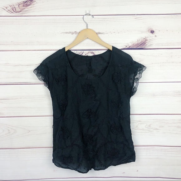 Francescas Black Silk Appliqué Blouse Sz Small - Picture 2 of 6